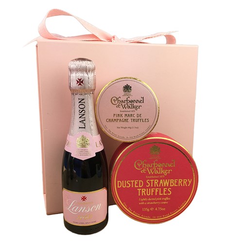 Mini Lanson Rose With Strawberry and Pink Truffles Gift Box